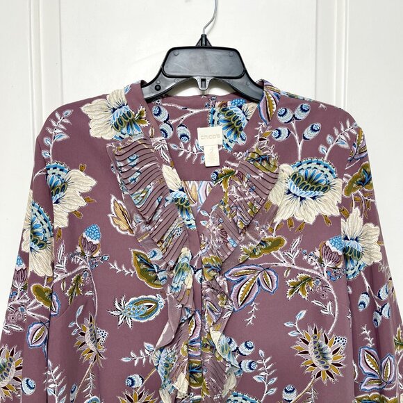 Chico’s Jacobean Bouquet Pleated Ruffle Long Sleeve Blouse L - Picture 5 of 10